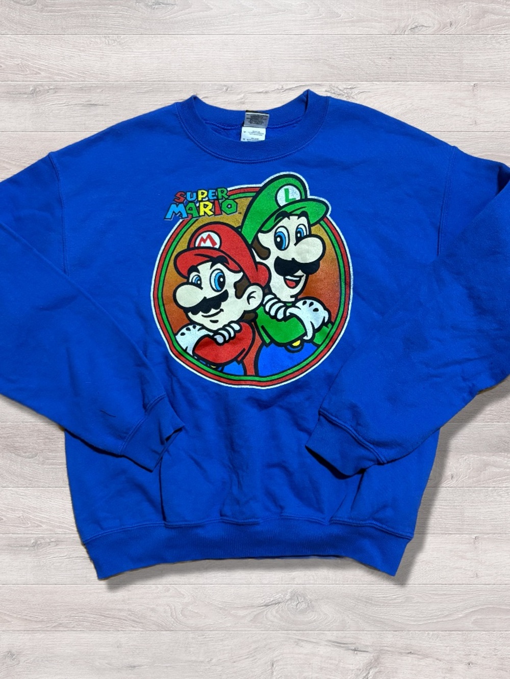 Super Mario Bros Sweatshirt Mens L Blue Nintendo Luigi Mario NES Game Pullover